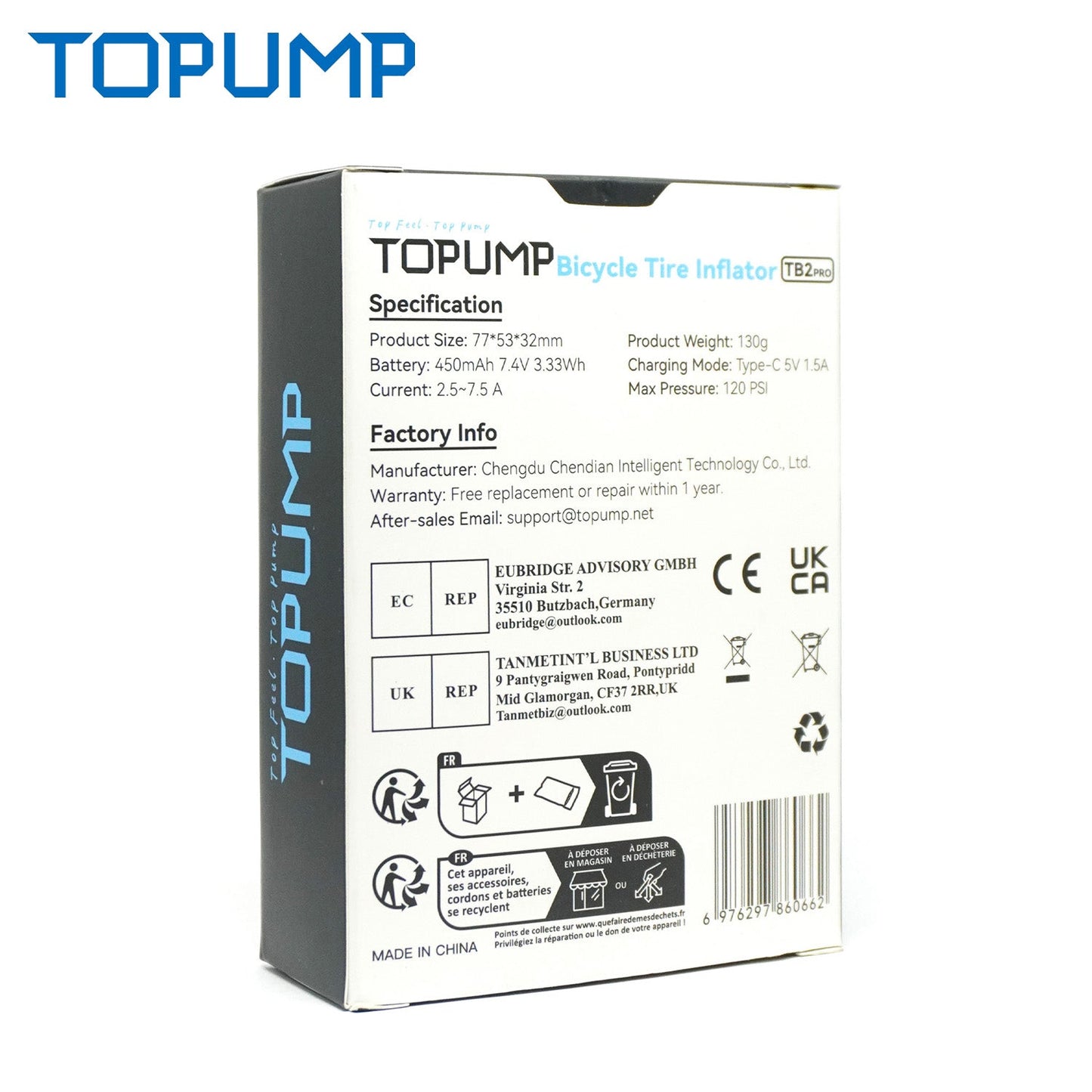 TOPUMP TBD Pro Biycyle Tire Inflator, 120PSi, Type-C Port w/ Rechargeable Battery