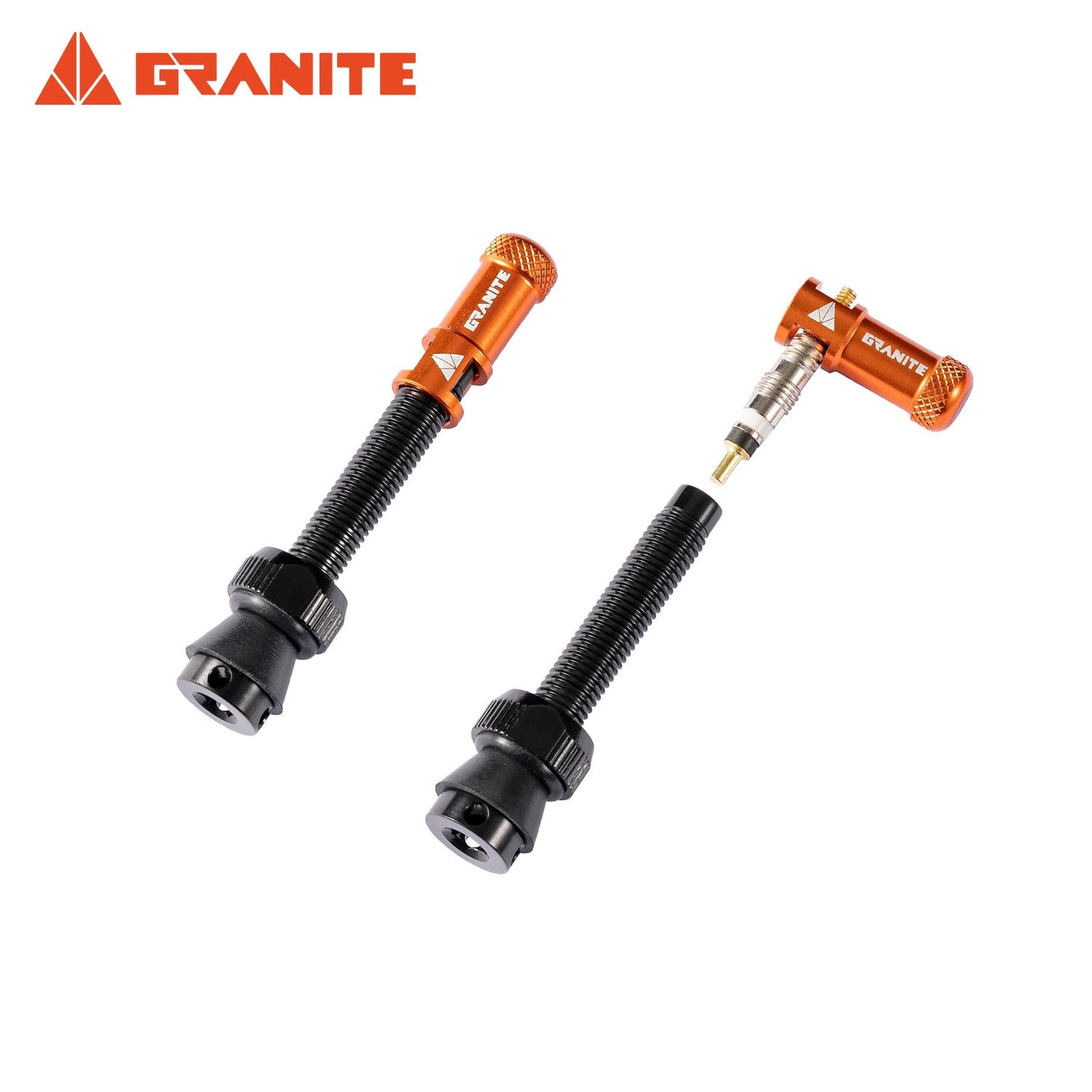 Granite Juicy Nipple Valve Cap & Presta Valve Stem Set - Black Stem/Orange Cap