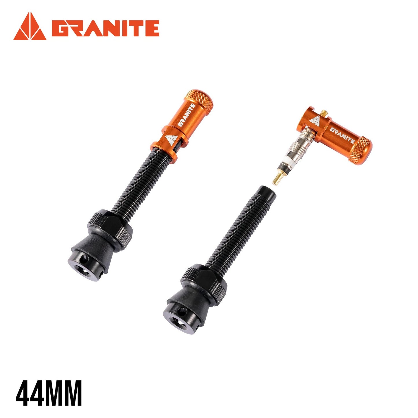 Granite Juicy Nipple Valve Cap & Presta Valve Stem Set - Black Stem/Orange Cap