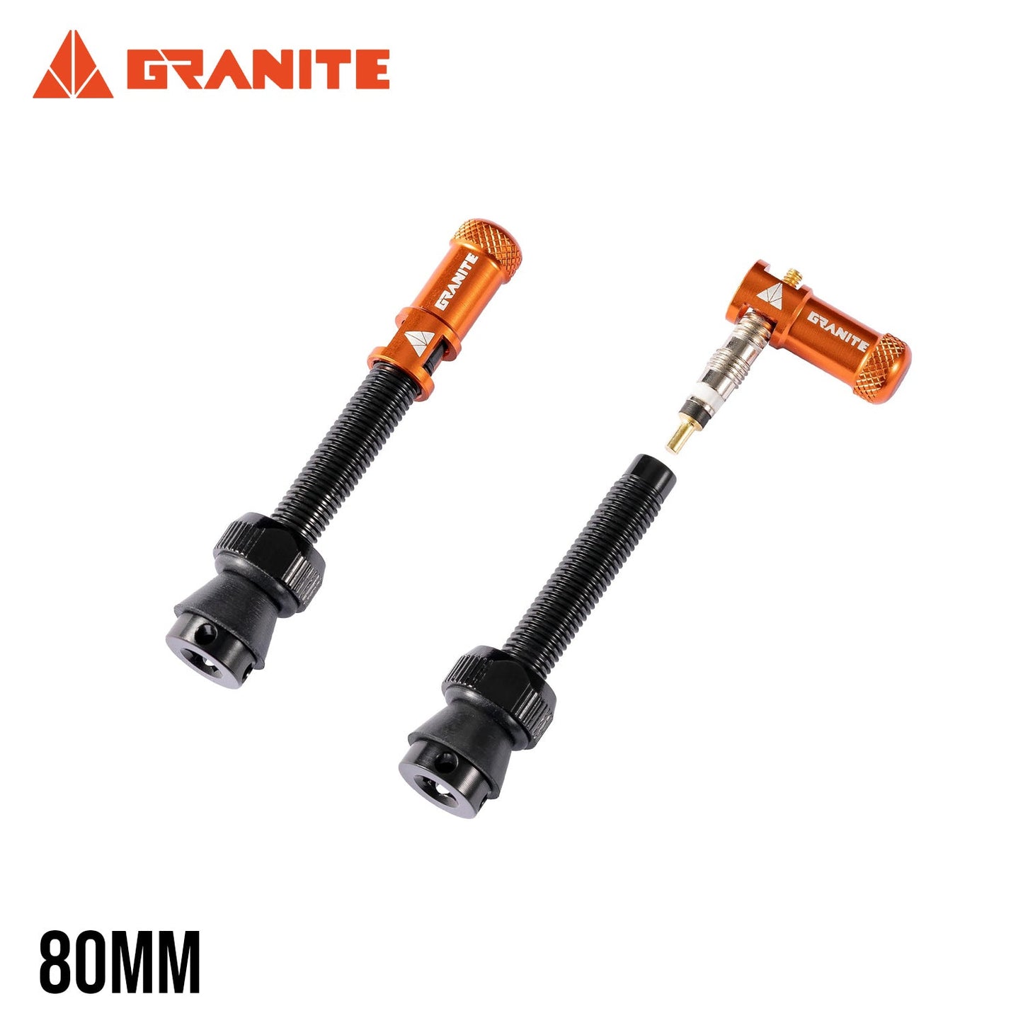 Granite Juicy Nipple Valve Cap & Presta Valve Stem Set - Black Stem/Orange Cap